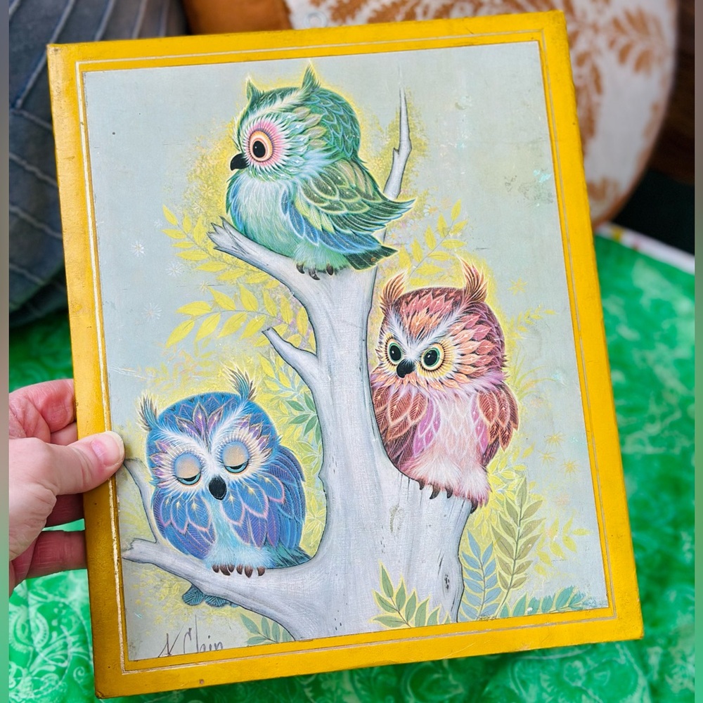 Vintage Three Owls in a Tree Print Plaque